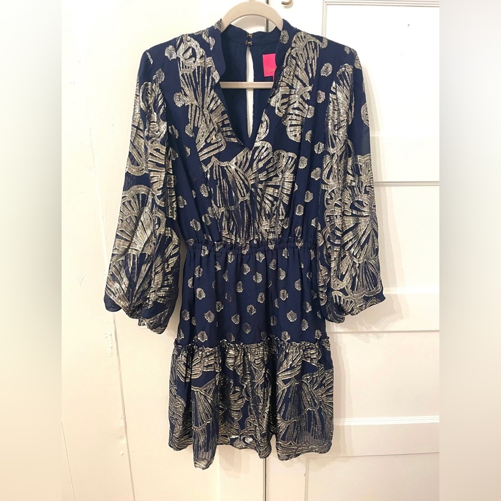 Lilly Pulitzer Joelle silk dress True Navy Metallic Clip Chiffon